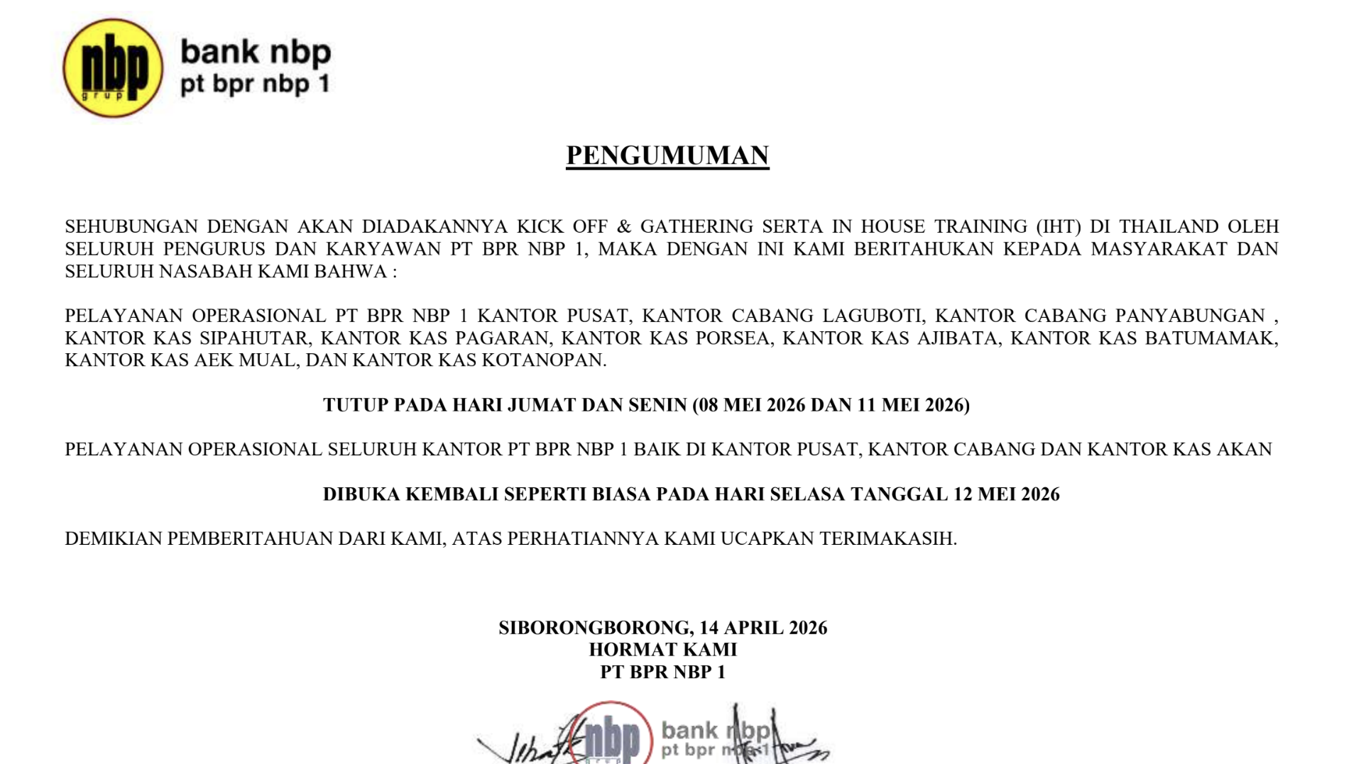 PENGUMUMAN KICK OFF & GATHERING SERTA IN HOUSE TRAINING (IHT) DI THAILAND